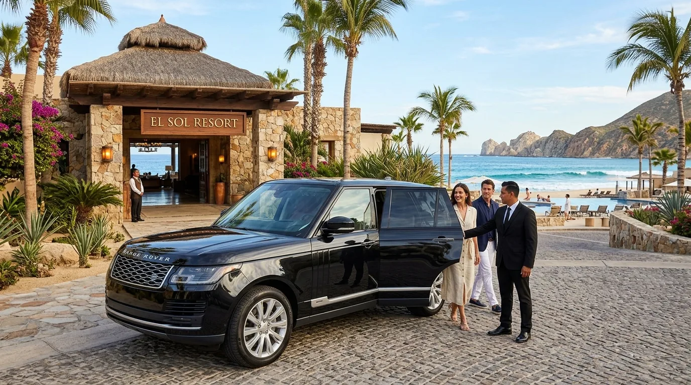 Luxury SUV providing private transfer service outside a resort entrance in Los Cabos