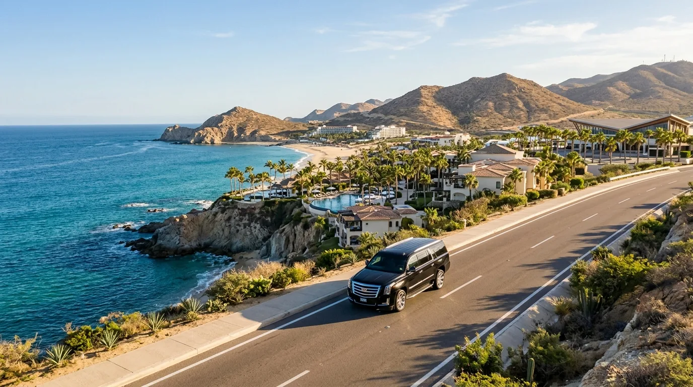 Chauffeur assisting family with luggage outside a Cabo San Lucas resort hotel