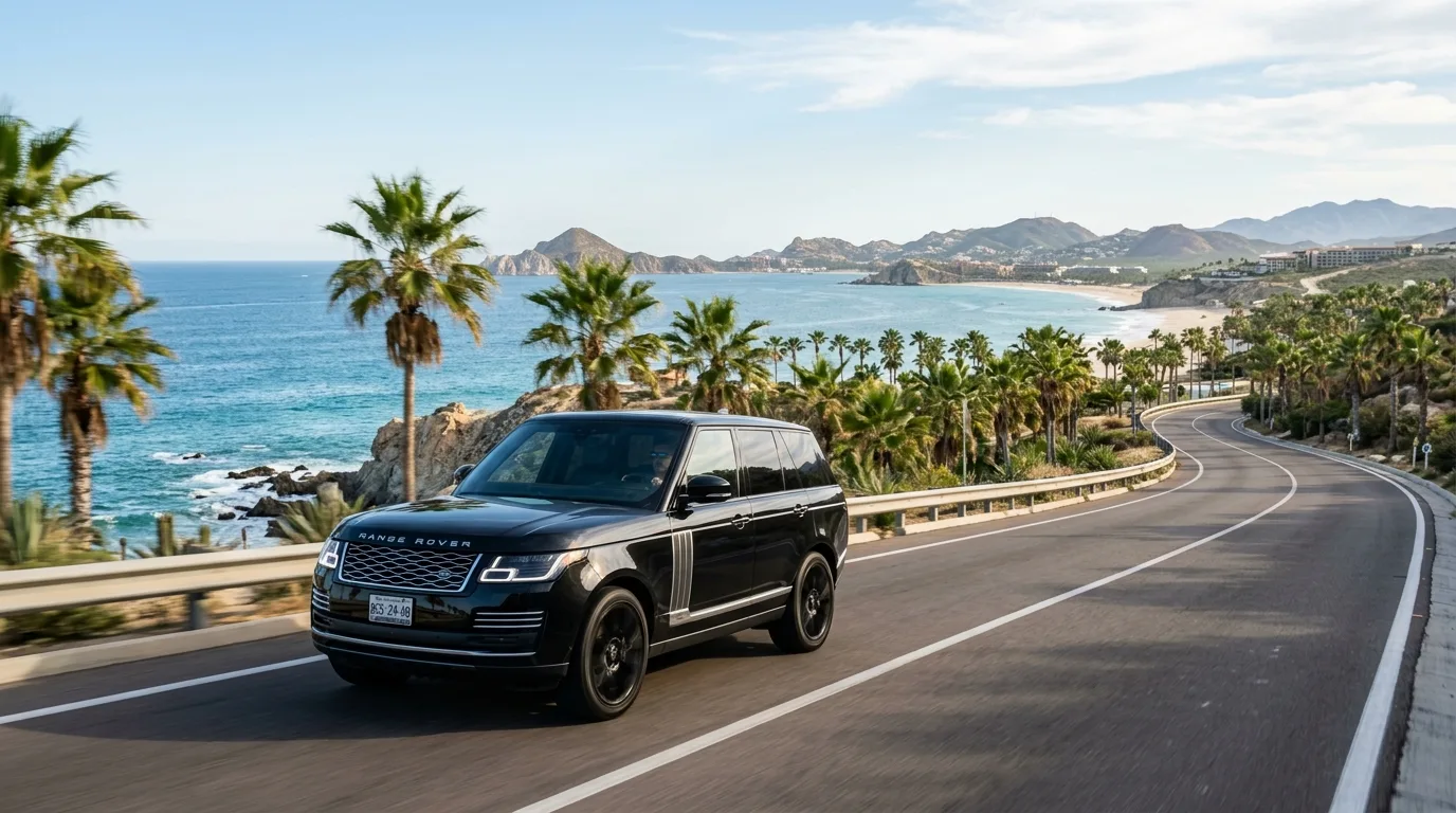 Luxury black SUV driving on a coastal road in San Jose del Cabo, Baja California Sur