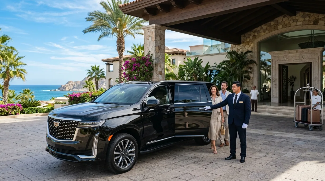 Choya Transportation luxury SUV arriving at a Los Cabos resort entrance with private driver opening the vehicle door.