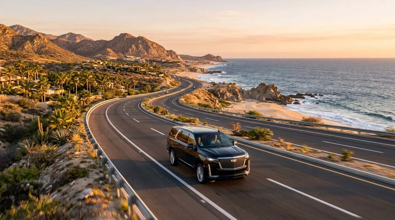 Luxury SUV providing private transportation on the Tourist Corridor highway in Los Cabos Mexico.