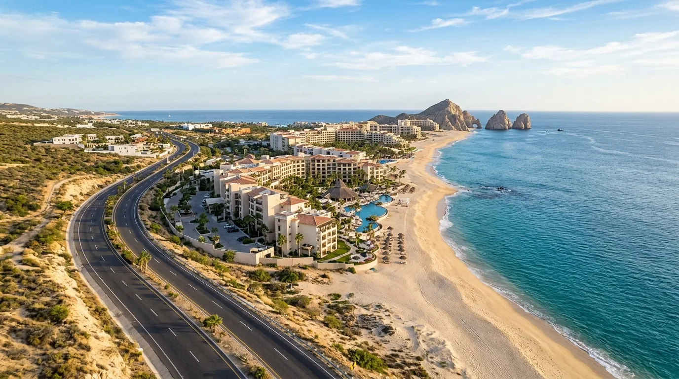 Corridor Resort Private Airport Drop Off Professional private vehicle arriving at a luxury Tourist Corridor resort in Los Cabos.