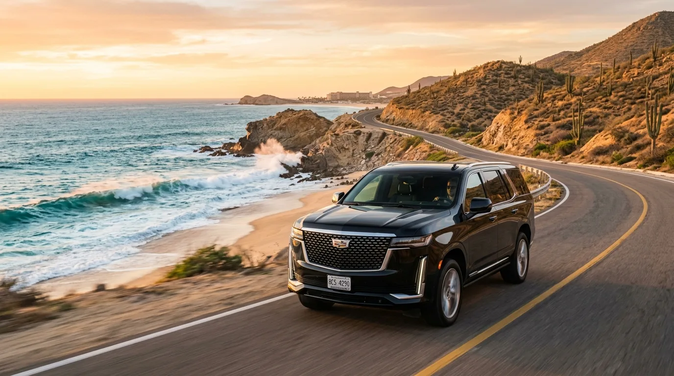 Luxury private transportation vehicle driving along the scenic Los Cabos coastal highway at golden hour
