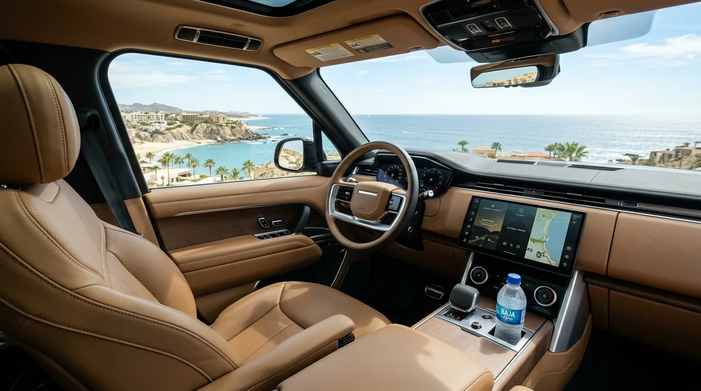 Clean interior of a luxury private transport vehicle with ocean views in Cabo