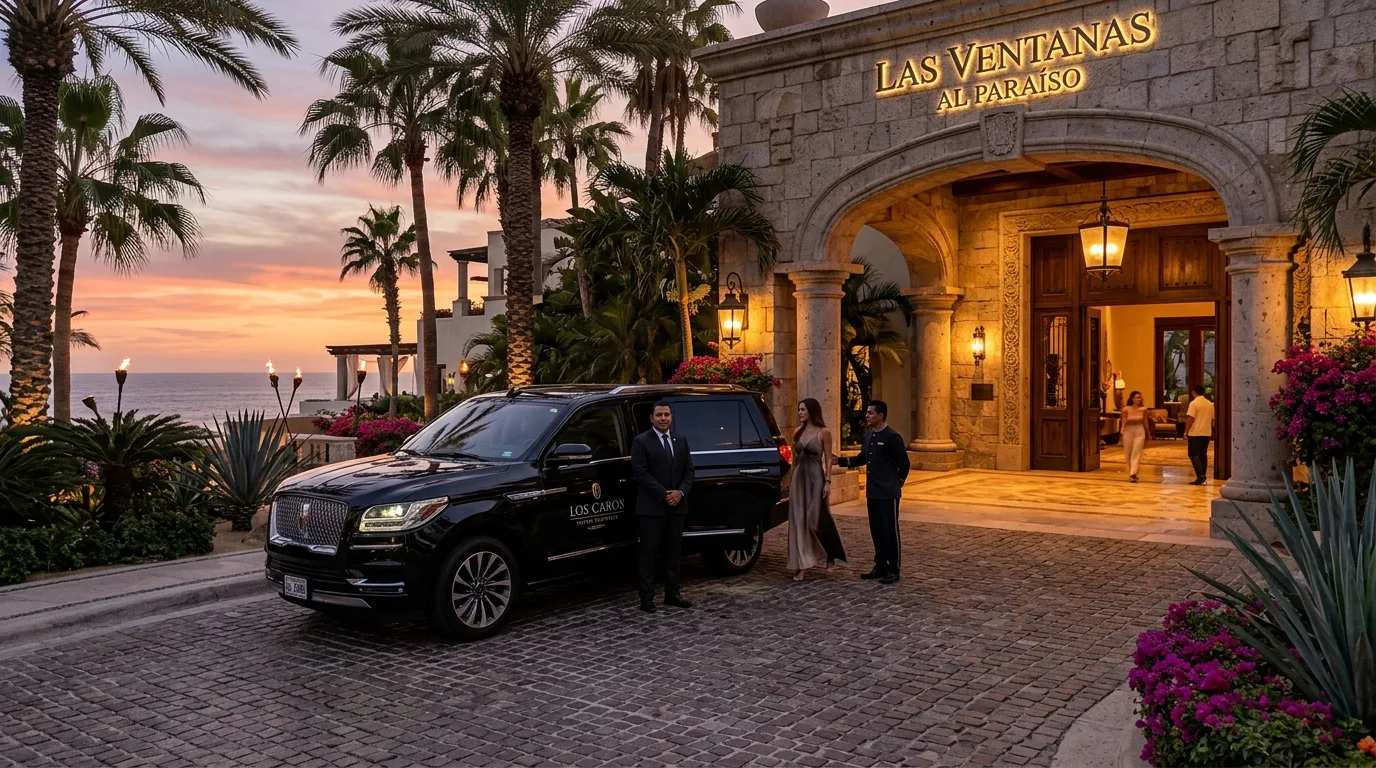 Private transport vehicle parked under the entrance of a luxury resort in Los Cabos