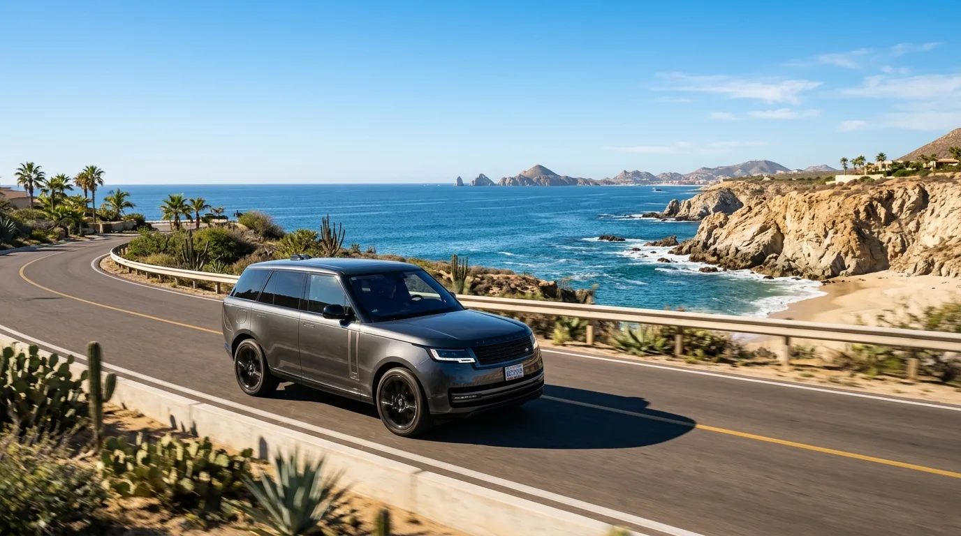Luxury SUV transporting guests along the oceanfront coastal highway in Los Cabos resort region