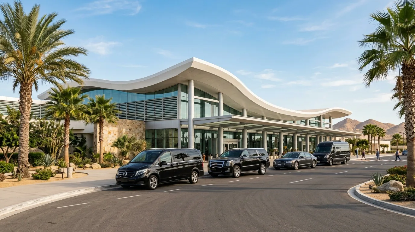Modern airport exterior terminal exit building surrounded by palm trees in Los Cabos