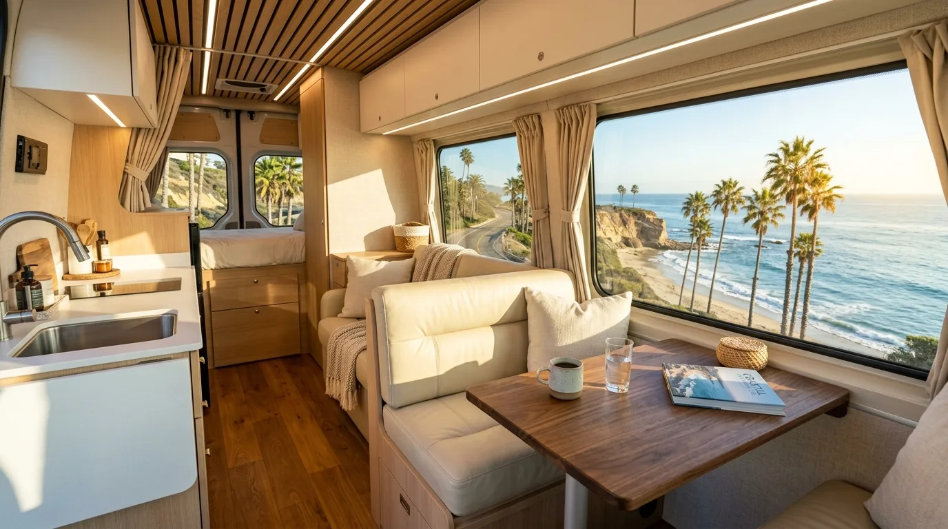 Interior view of a luxury passenger van overlooking sunny palm trees and blue ocean views in Cabo