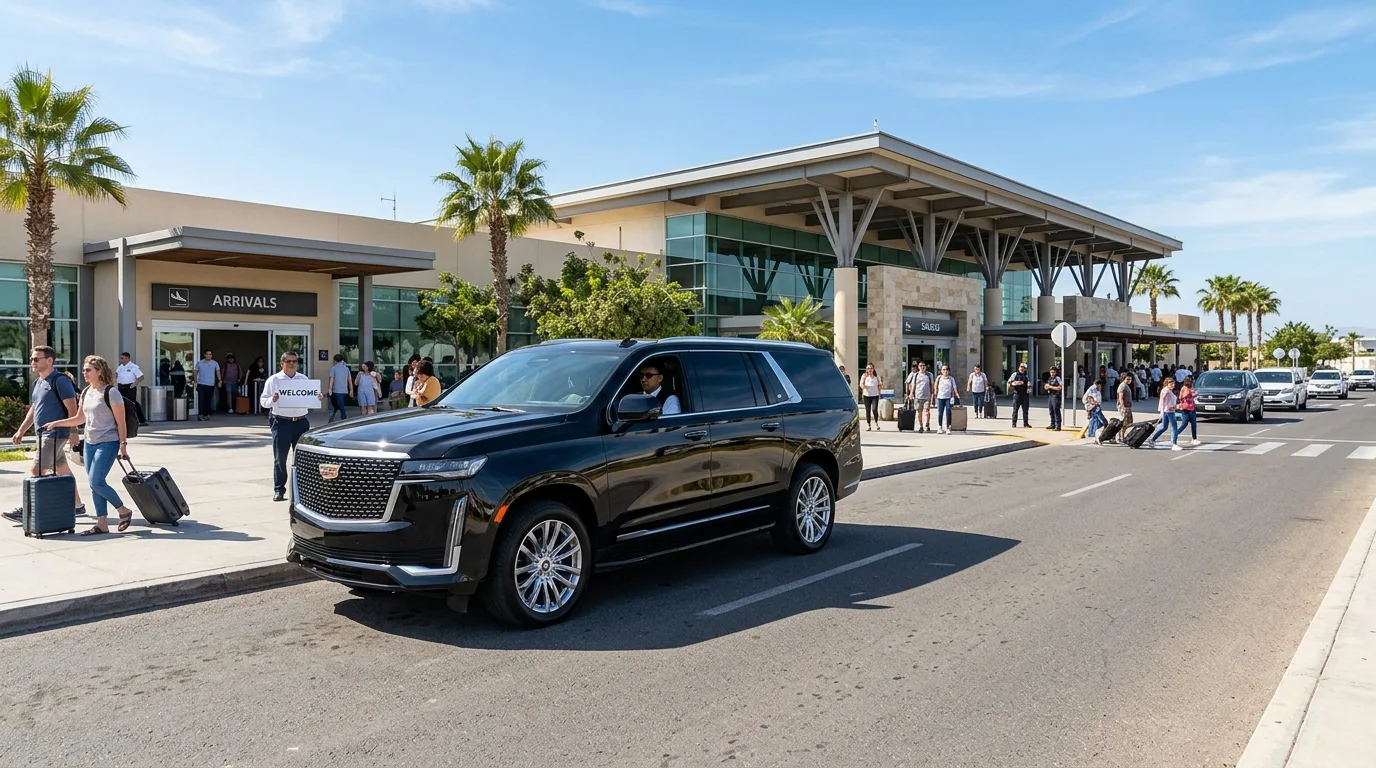 Luxury SUV car service waiting outside San Jose del Cabo Airport terminal for private passenger transfer.