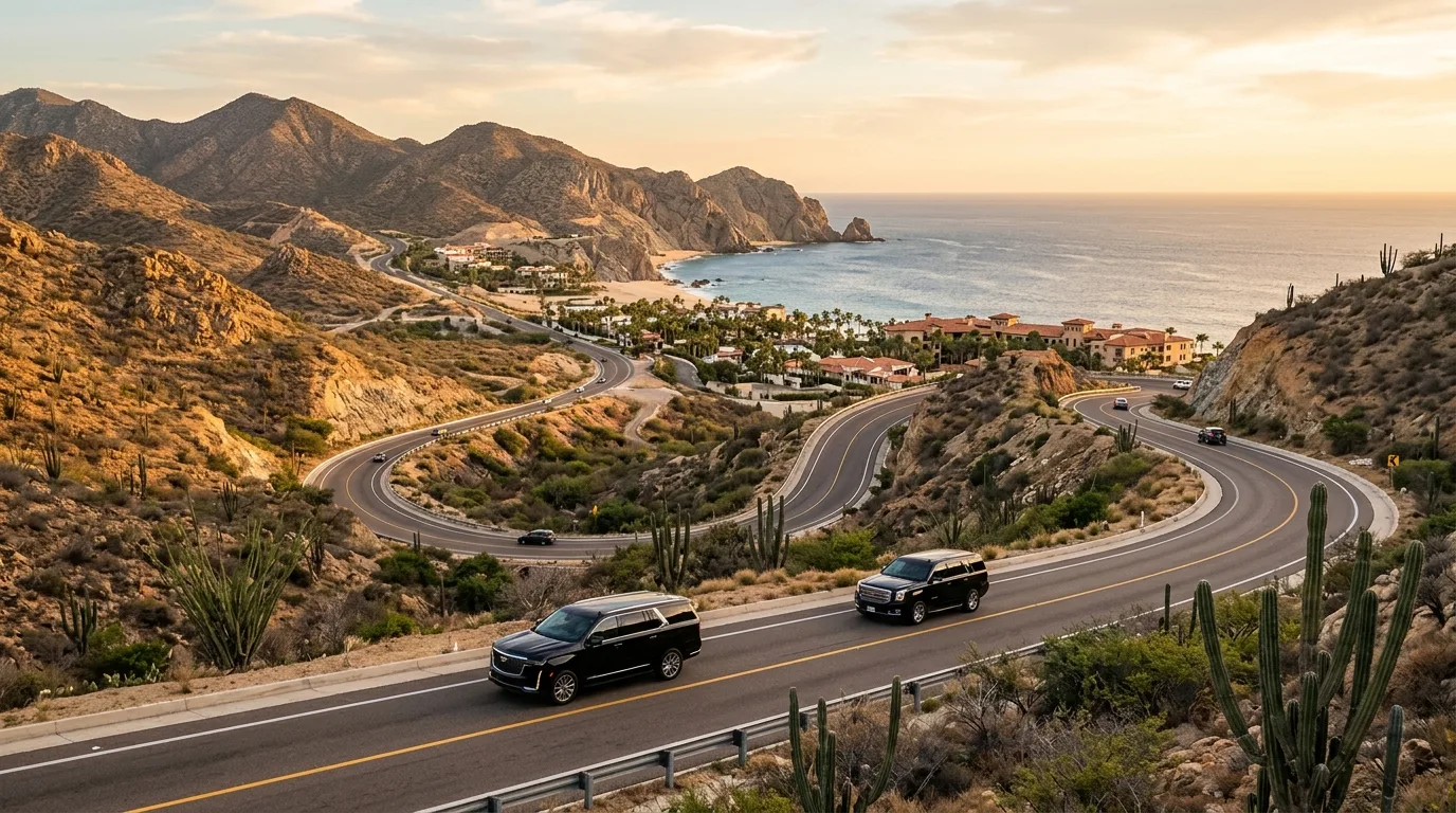 Private driver opening SUV door for arriving resort guests in San Jose del Cabo Mexico.