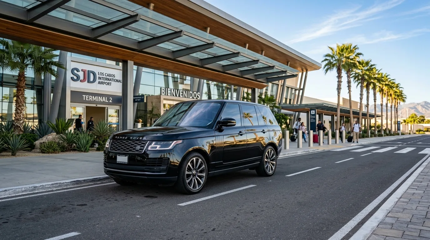 Luxury black SUV parked outside SJD airport terminal in Los Cabos under clear sunny sky