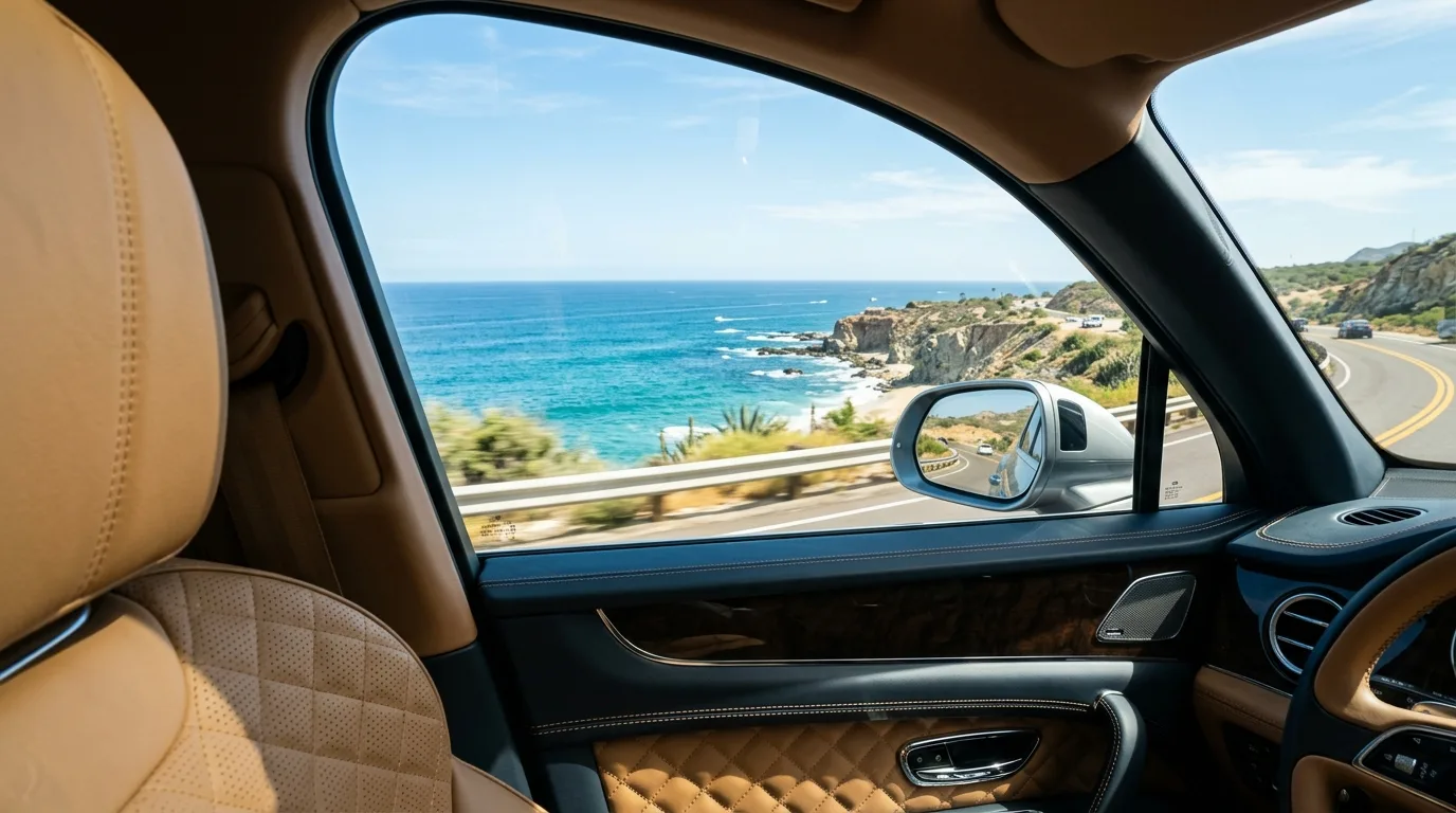 Scenic Coastal Highway Transfer in Los Cabos View of coastal ocean highway in Los Cabos seen from inside a luxury vehicle passenger cabin