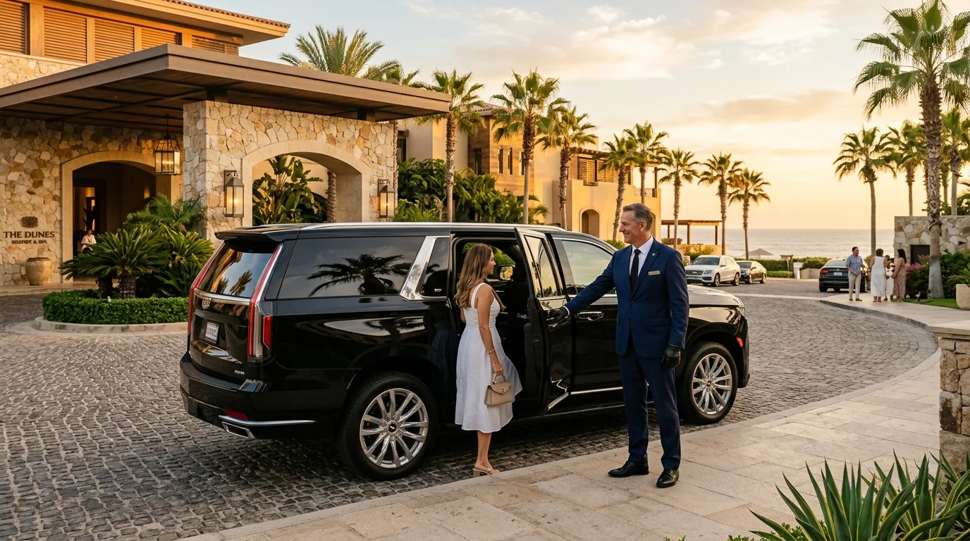Chauffeur Greeting Guests at Los Cabos Resort Professional chauffeur welcoming guests outside a luxury resort entrance in Los Cabos