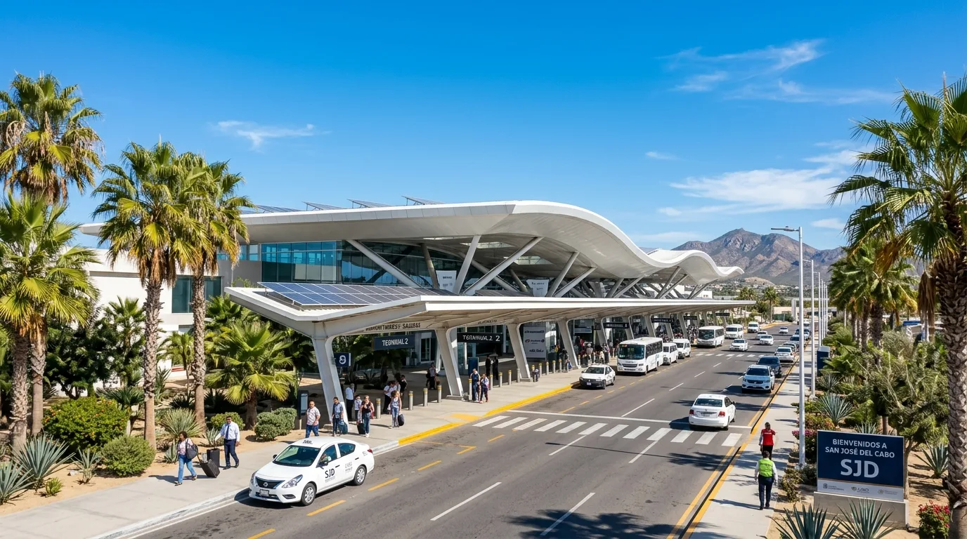 Exterior passenger pickup terminal at San Jose del Cabo International Airport SJD with palm trees and clear blue sky