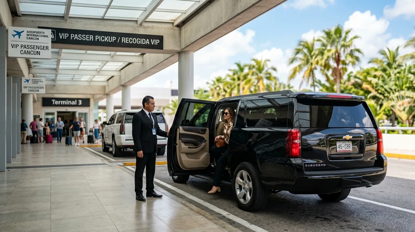 Luxury black SUV parked at SJD airport pickup area with professional private chauffeur holding open door
