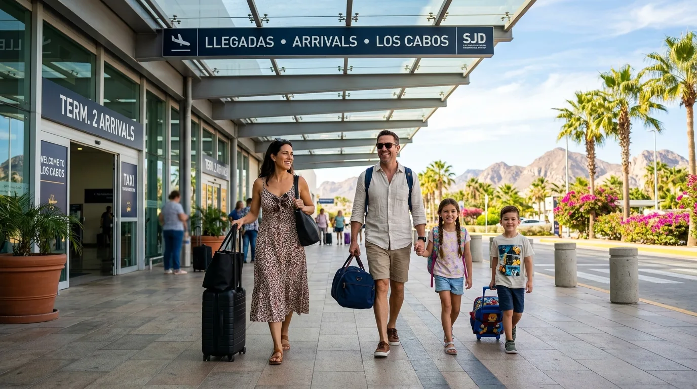 Arriving travelers walking through the outdoor concourse exit at Los Cabos airport carrying luggage