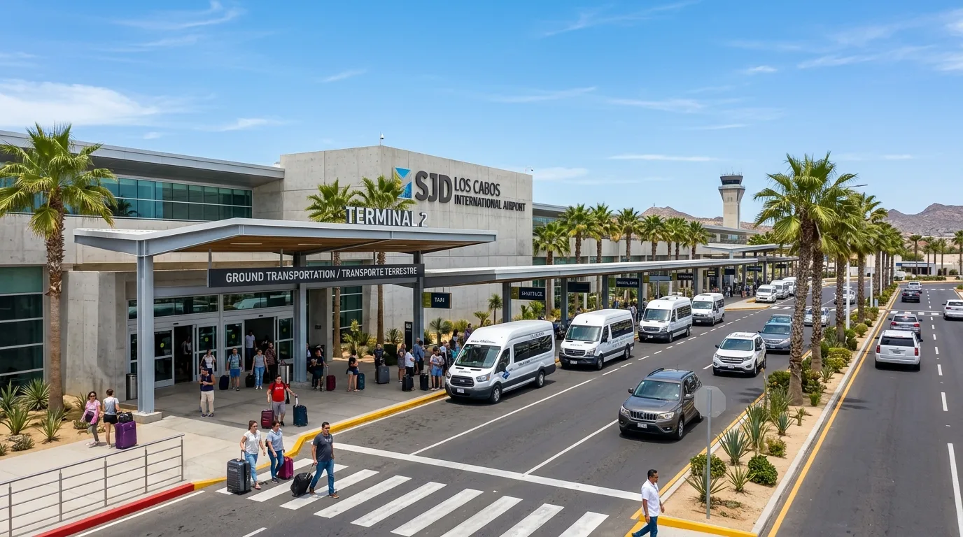 Exterior exit area of SJD Airport Terminal 2 in Los Cabos under sunny sky