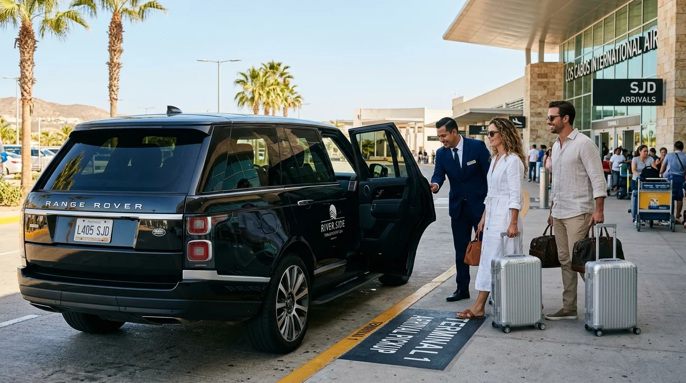 Luxury private SUV driver waiting outside Los Cabos airport for arriving passengers