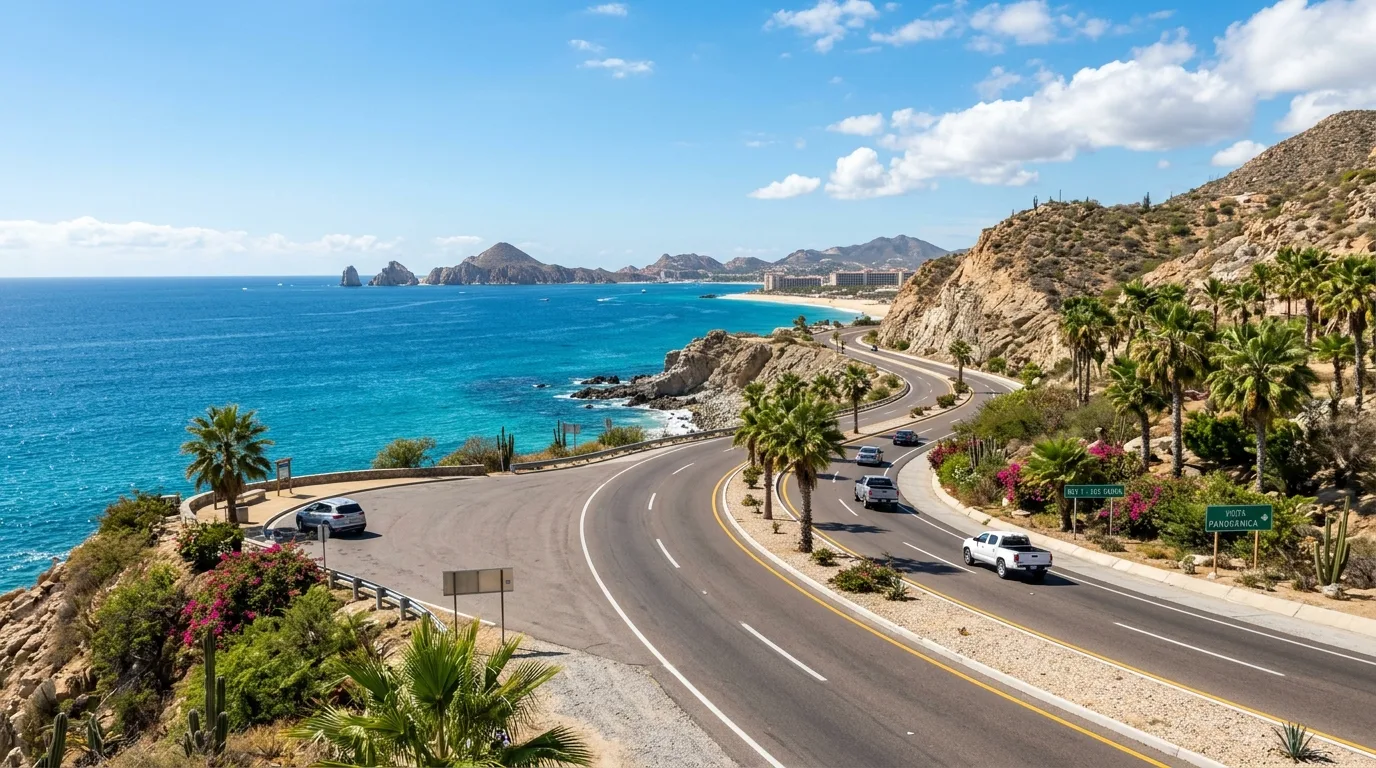 Scenic coastal highway in Los Cabos leading from SJD airport to resort areas
