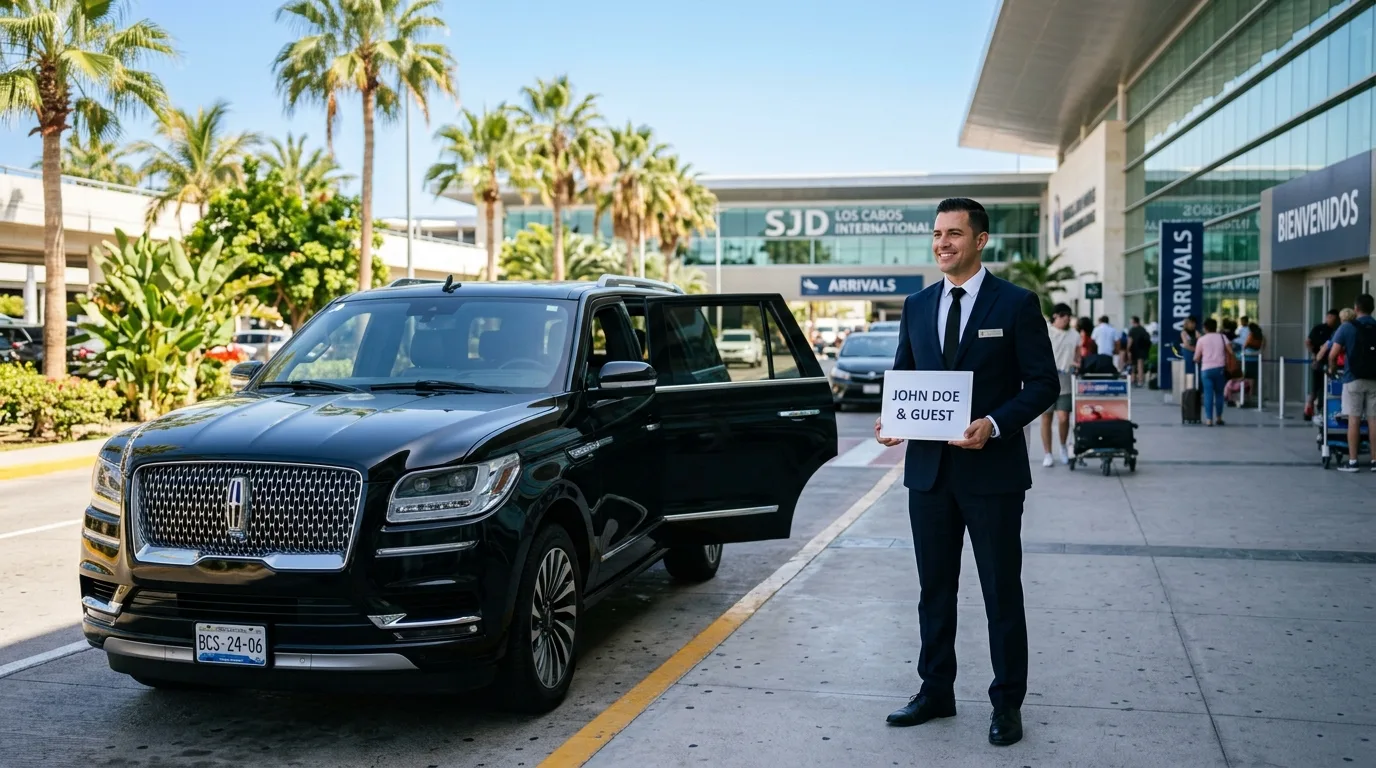 Professional driver holding a custom greeting sign next to a luxury SUV outside the SJD Airport terminal in San José del Cabo.