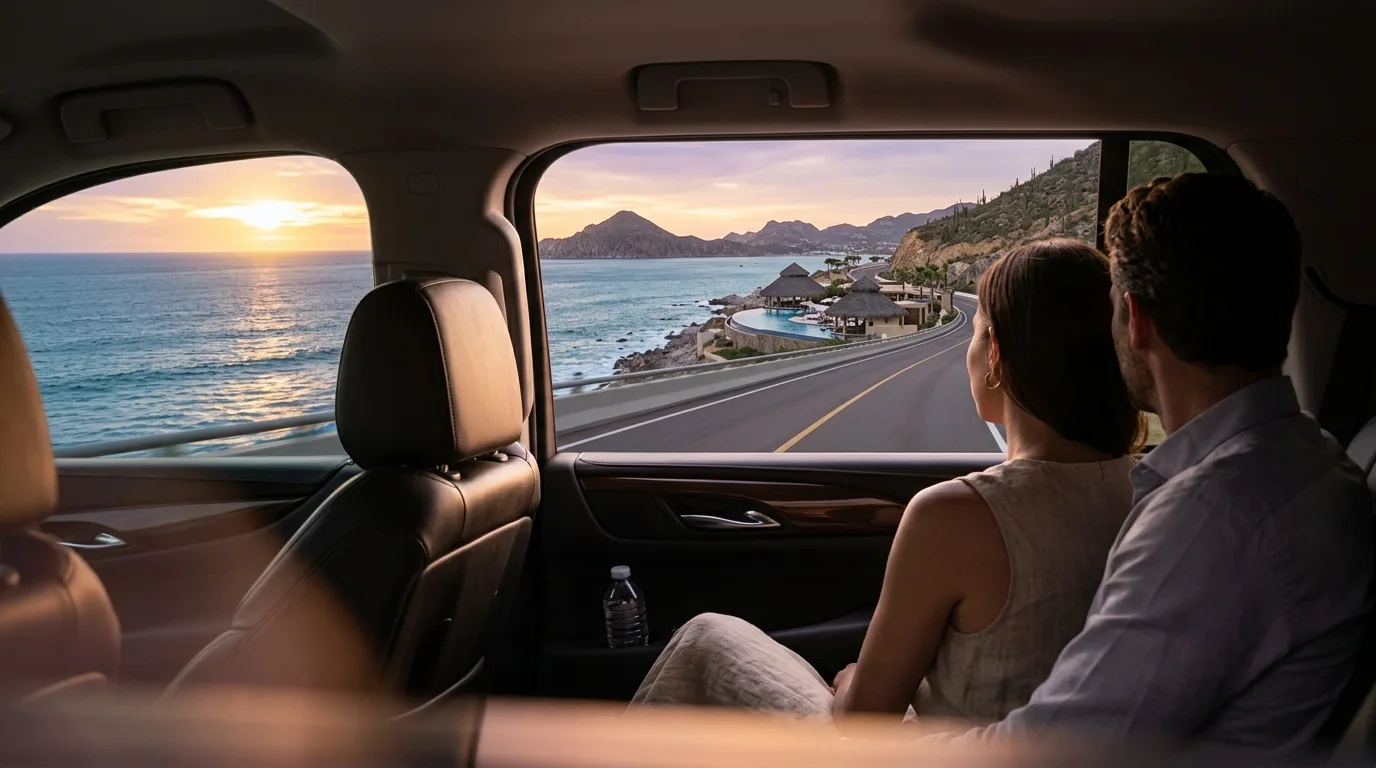 Private passenger van driving along the scenic Los Cabos ocean highway toward Cabo San Lucas resorts.
