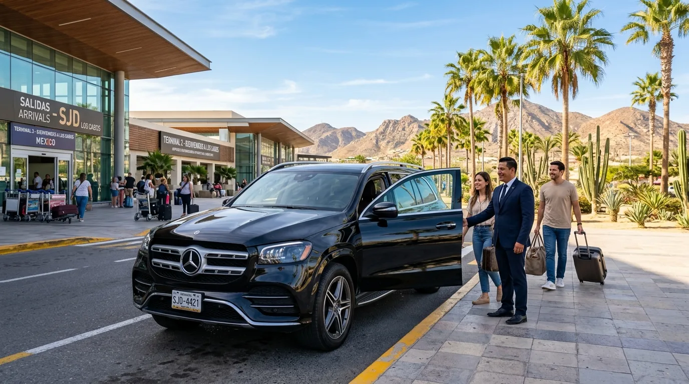 Private luxury SUV car service waiting outside SJD International Airport terminal for passengers traveling to Cabo San Lucas.