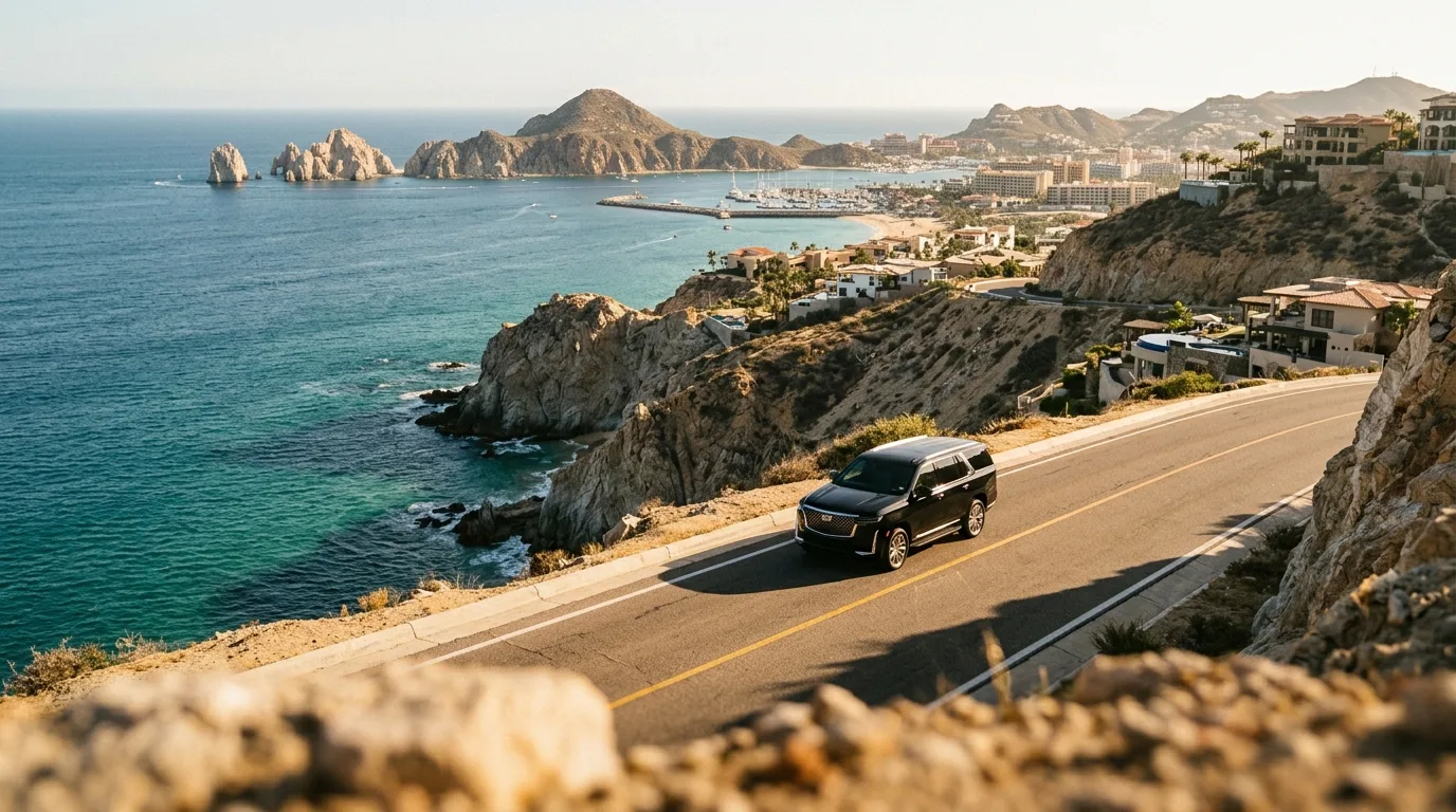 Private chauffeured passenger van driving along the scenic ocean highway from SJD Airport to Cabo San Lucas resorts.