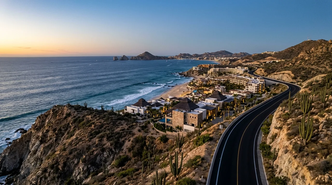 Private luxury vehicle driving on the coastal highway toward Cabo San Lucas resorts.