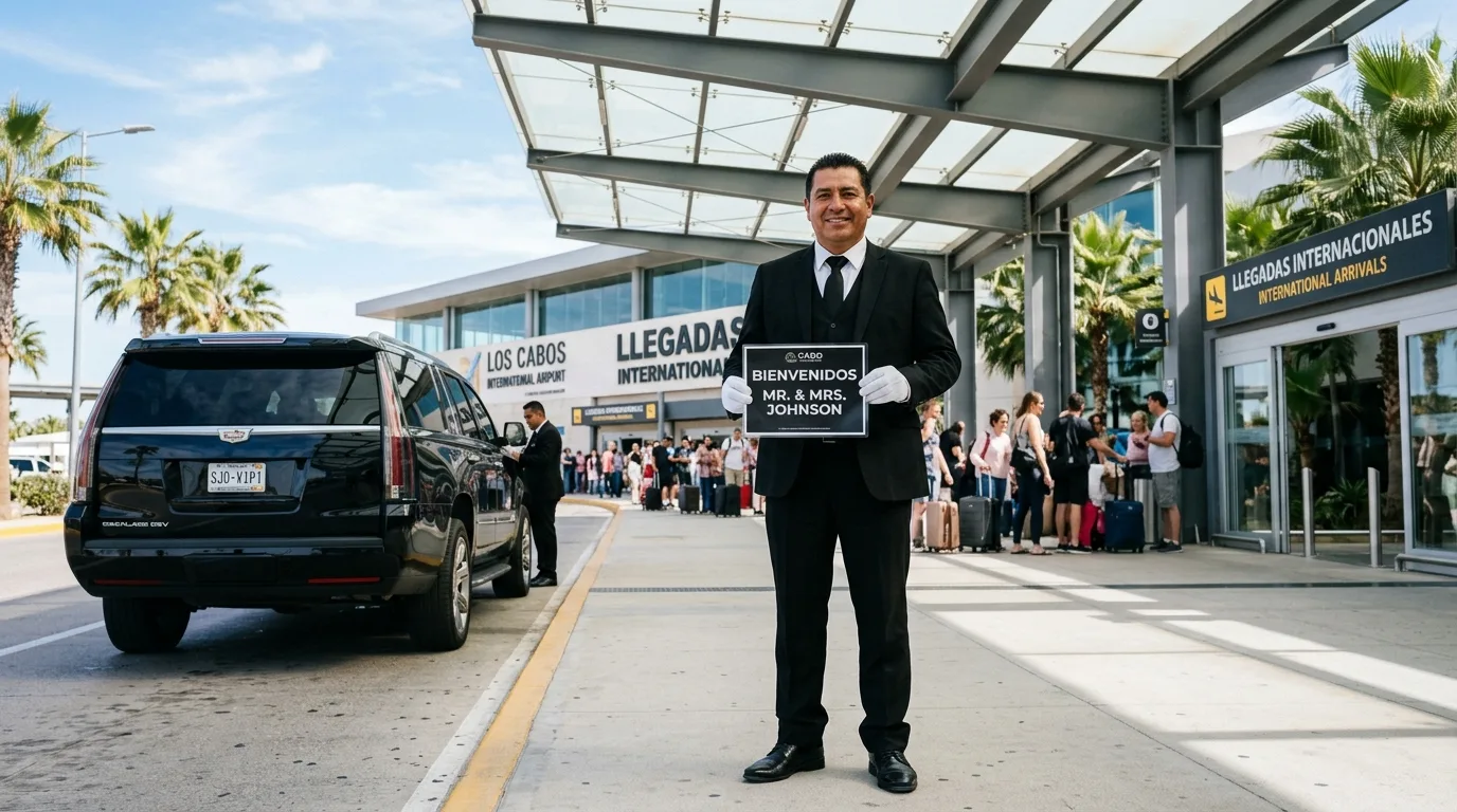 Private chauffeur waiting with a greeting sign at SJD airport terminal exit for Cabo San Lucas transfer.
