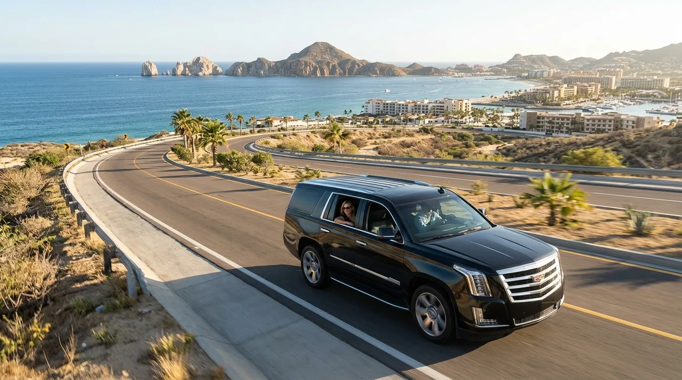 Luxury private SUV parked along the Cabo San Lucas coastal highway during an airport transfer.