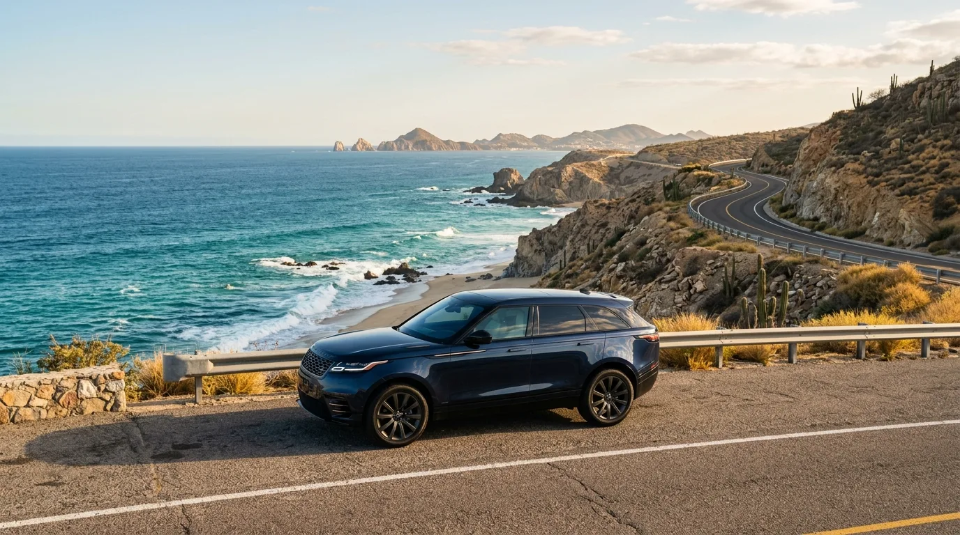 Luxury private SUV parked along the coastal Pacific highway in Los Cabos providing SJD airport transfer service.
