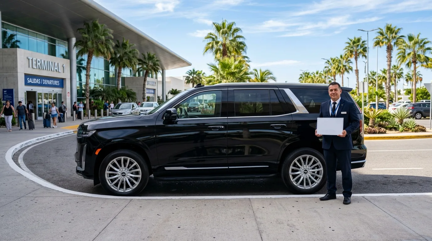 Luxury SUV prepared for private SJD Airport to Tourist Corridor transfer with professional driver outside terminal.