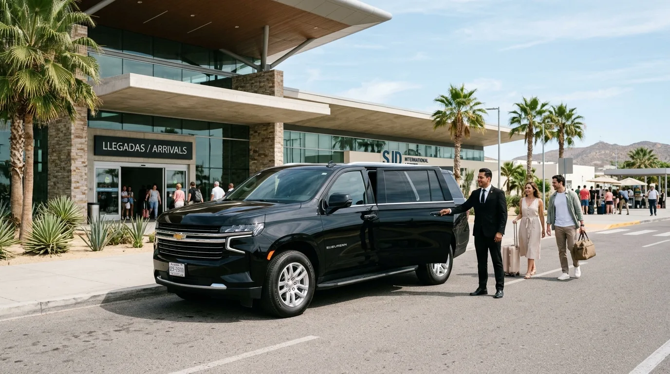 Private luxury SUV waiting outside San José del Cabo International Airport for arriving passengers.
