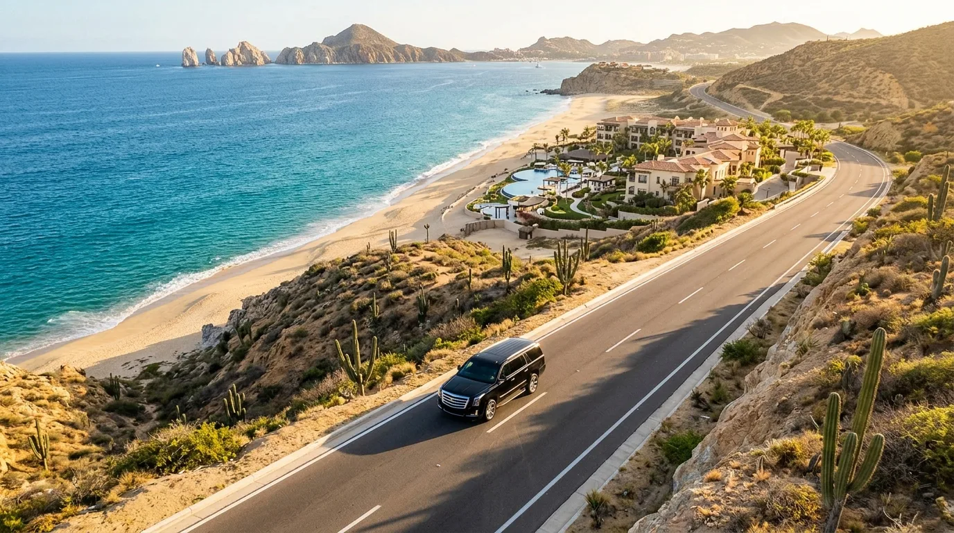 View of the Baja ocean highway during a private airport transfer from SJD to Los Cabos resorts.