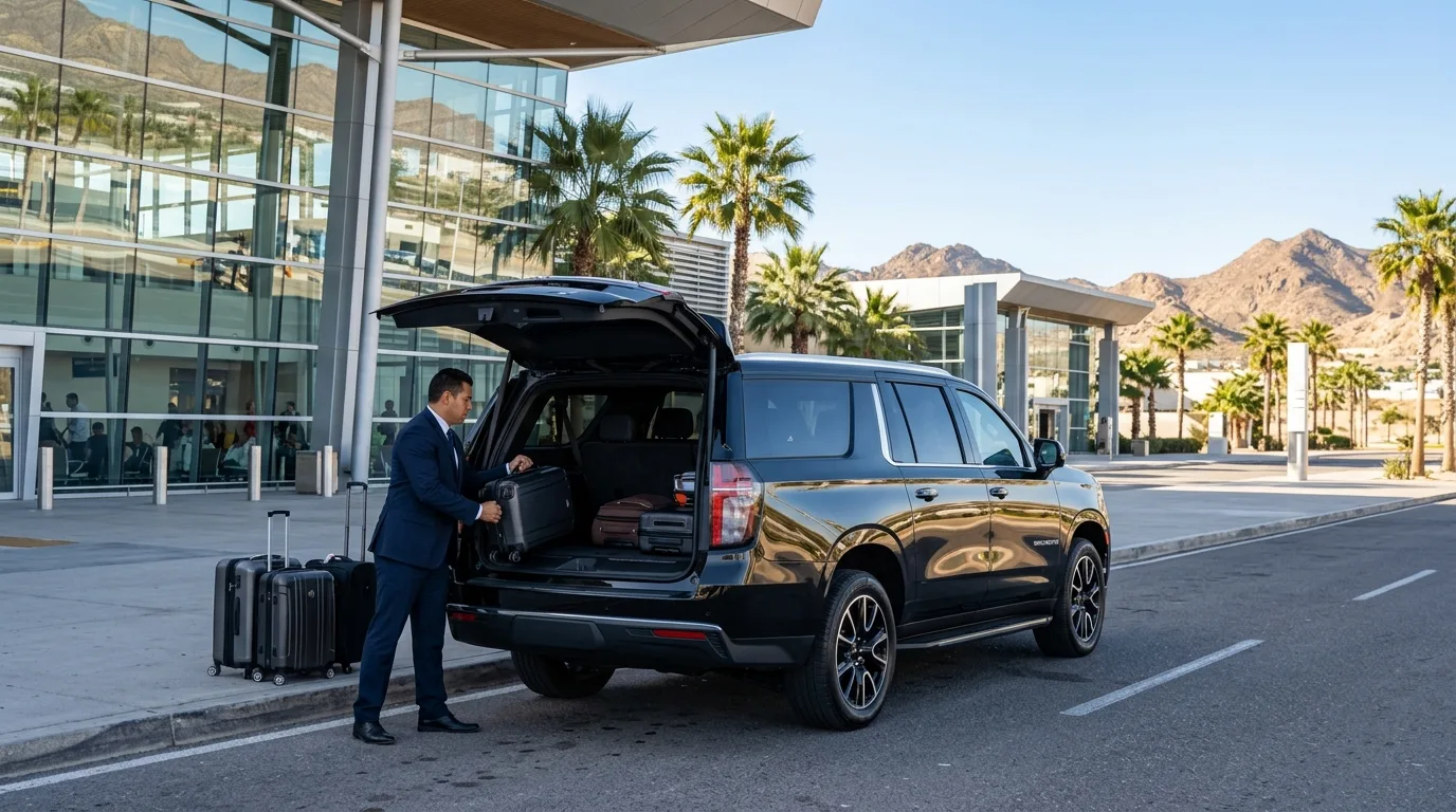 Black Chevrolet Suburban parked outside SJD Airport terminal ready for private airport transfer in Los Cabos.
