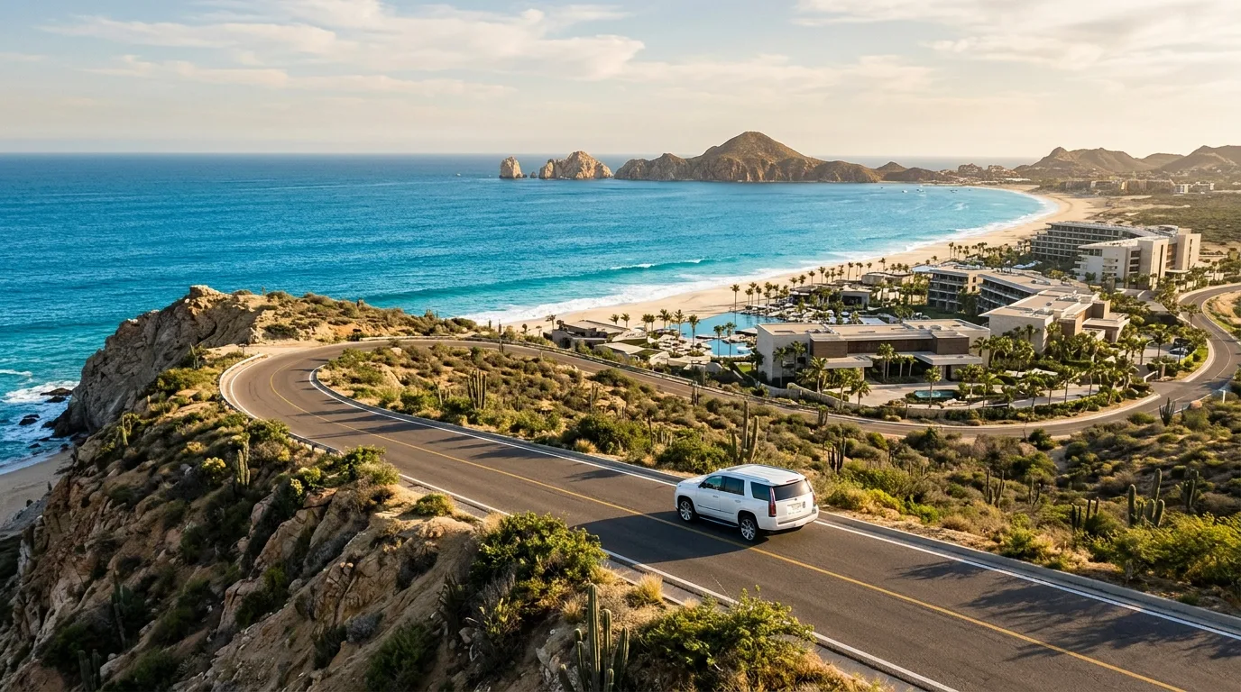 Private SUV Transfer Experience in Los Cabos Interior view of luxury SUV driving along the Los Cabos coastal corridor highway toward resort drop-off.