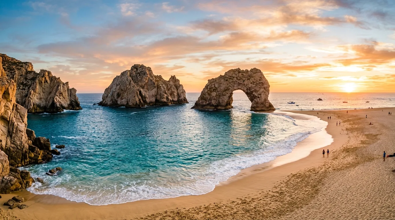 Scenic view of El Arco rock formation in Cabo San Lucas at golden hour sunset