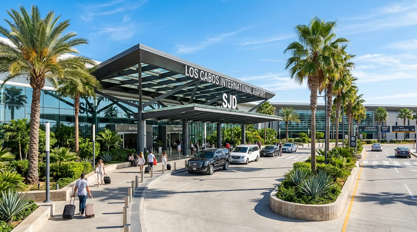 Modern exterior of SJD Airport terminal building surrounded by palm trees in Los Cabos