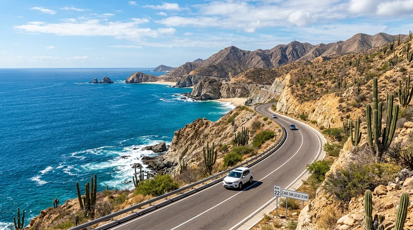 Scenic ocean highway corridor running through Baja desert in Los Cabos Mexico