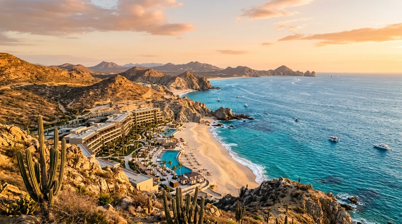 Scenic view of Los Cabos coastline where desert mountains meet turquoise sea waters near luxury resorts