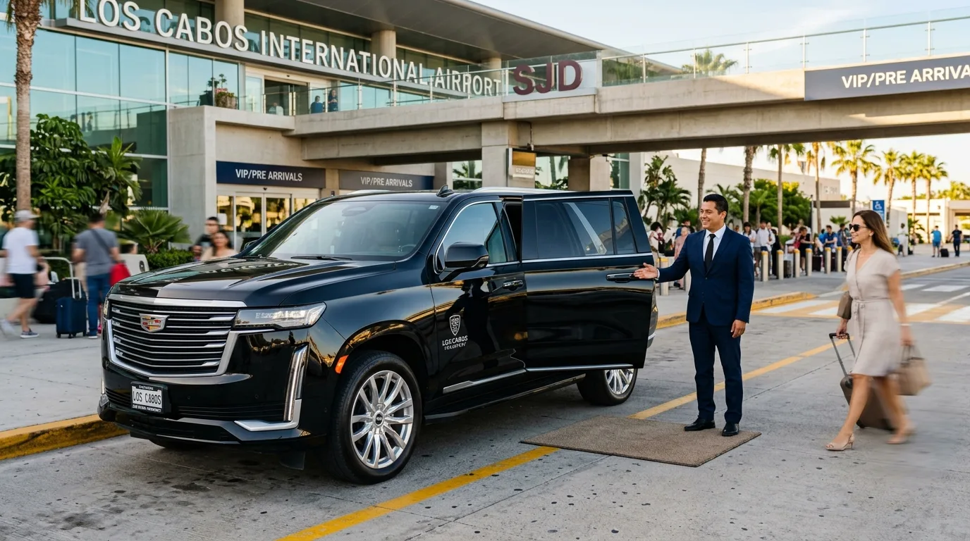 Professional chauffeur awaiting arriving passengers with private vehicle at SJD International Airport