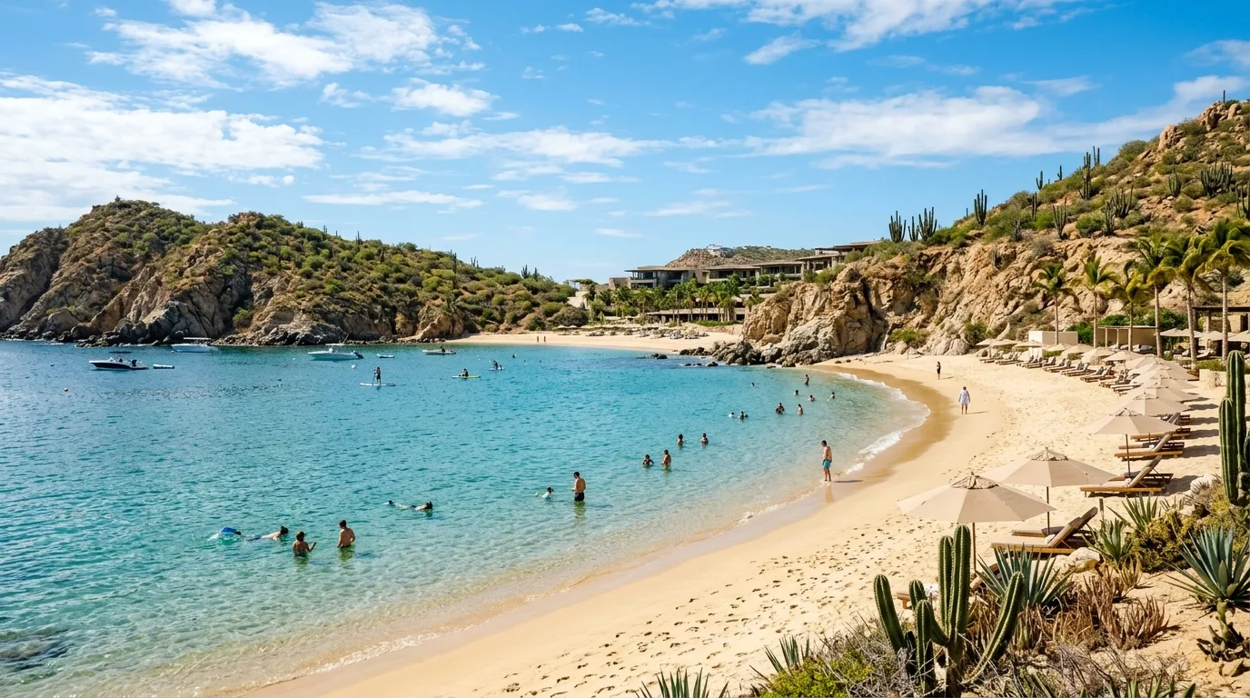 Calm turquoise swimmable beach at Chileno Bay along the Tourist Corridor in Los Cabos Mexico