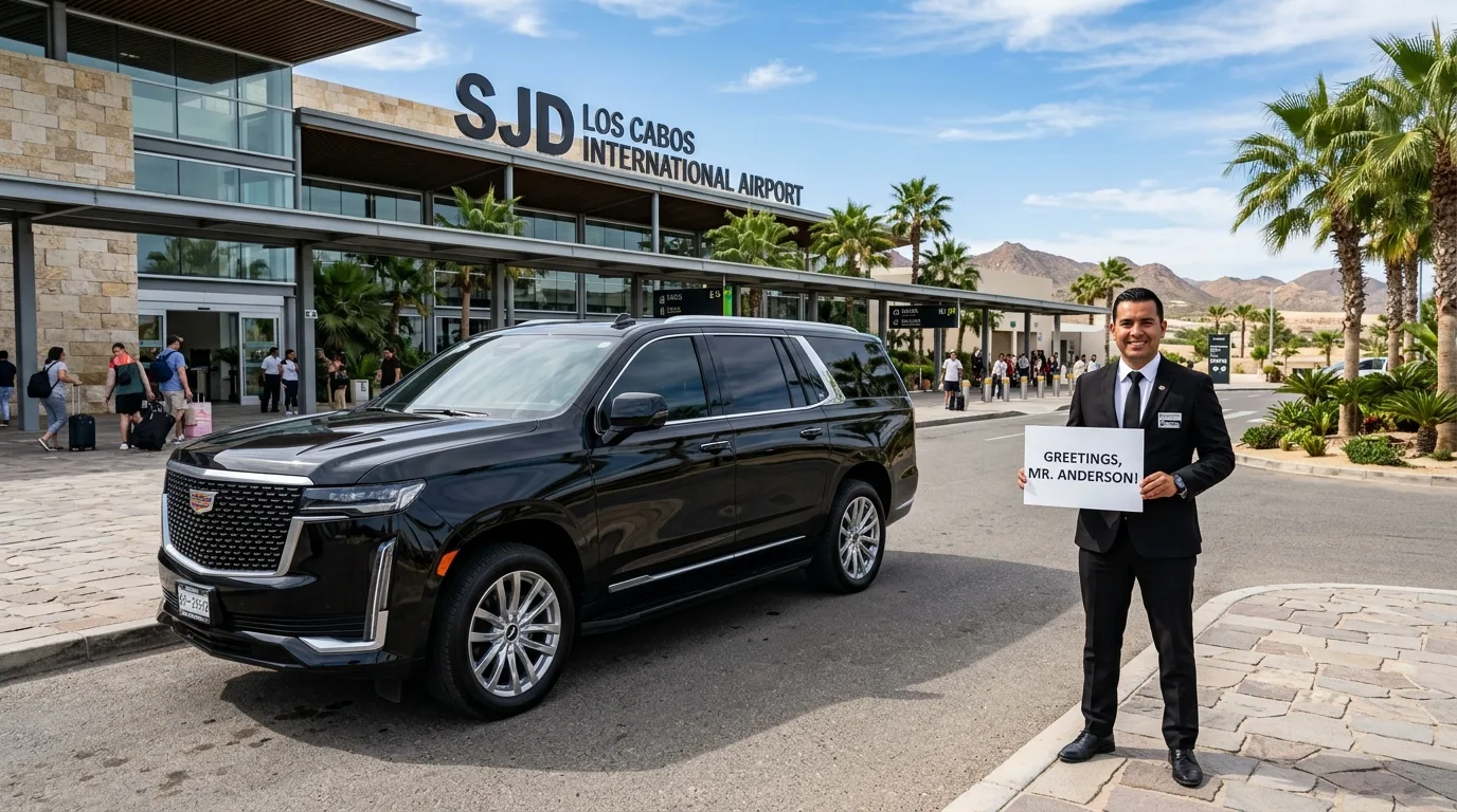 Private luxury vehicle waiting outside SJD Airport terminal for Tourist Corridor airport shuttle service