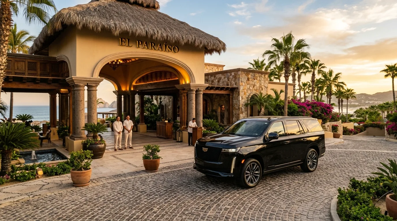 Luxury SUV parked at a high-end resort entrance in Los Cabos