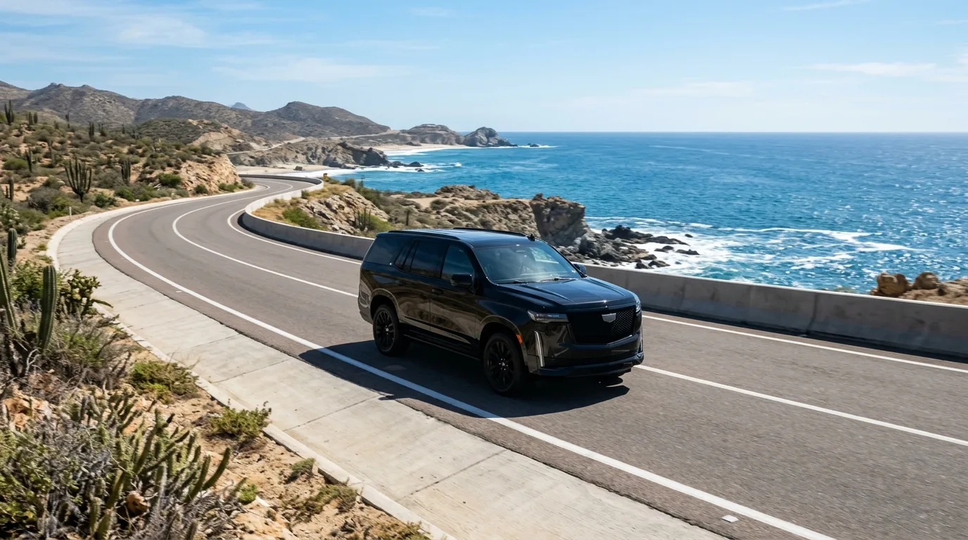 Black SUV driving on the scenic Tourist Corridor highway in Cabo San Lucas