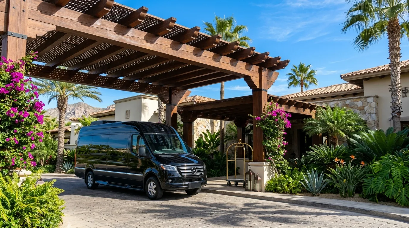 Luxury executive van parked at a five-star resort entrance in San Jose del Cabo