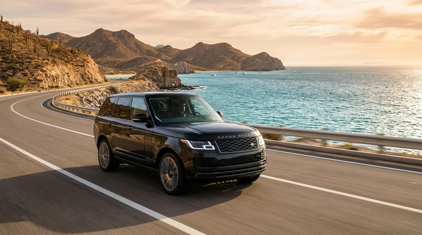 Luxury SUV driving on the scenic highway toward resorts in Los Cabos Mexico