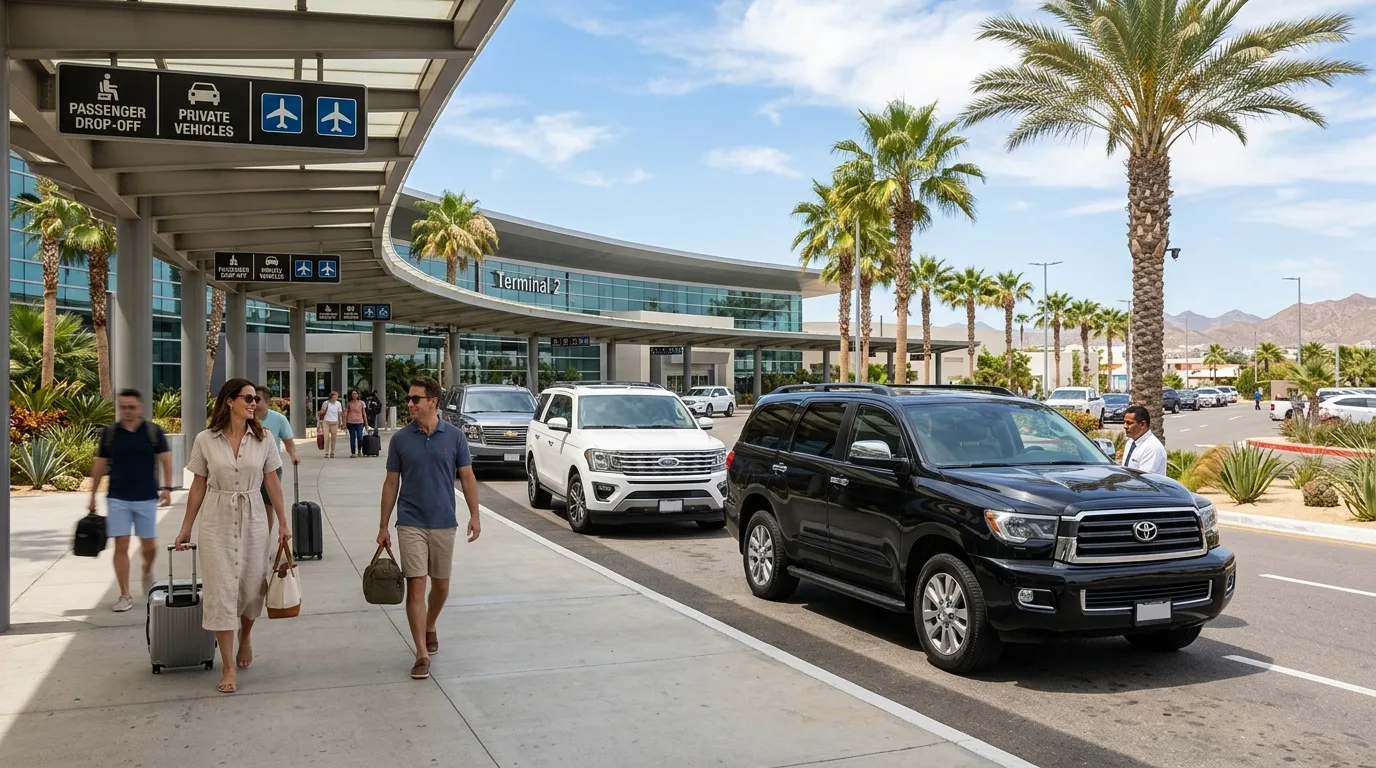 SJD Airport Ground Transportation Terminal Exit Passenger arrival terminal area at San José del Cabo International Airport SJD