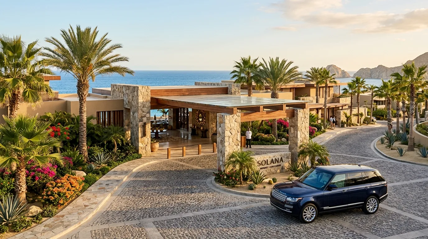 Luxury Resort Arrival in Los Cabos Sleek private resort transportation vehicle parked at a luxury hotel entrance in Cabo