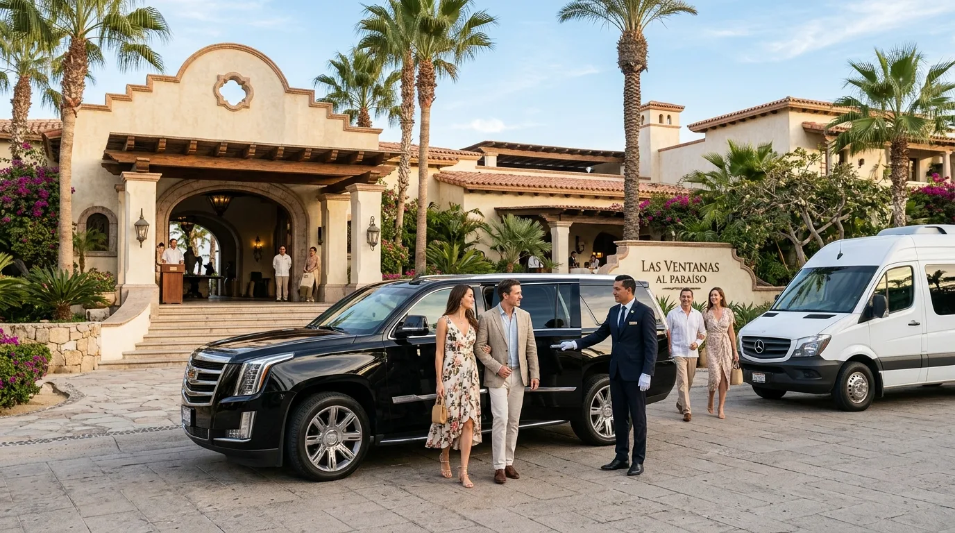 Private luxury SUV and passenger van parked at a luxury resort in Los Cabos providing wedding group transfers.